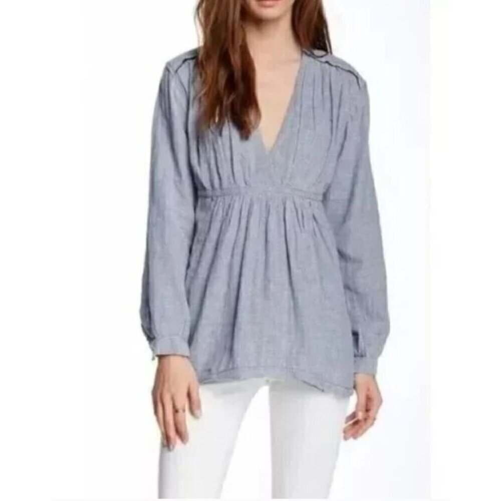 Free People Top Womens Small All Who Wander Blue Striped Gauzy Frayed Hem